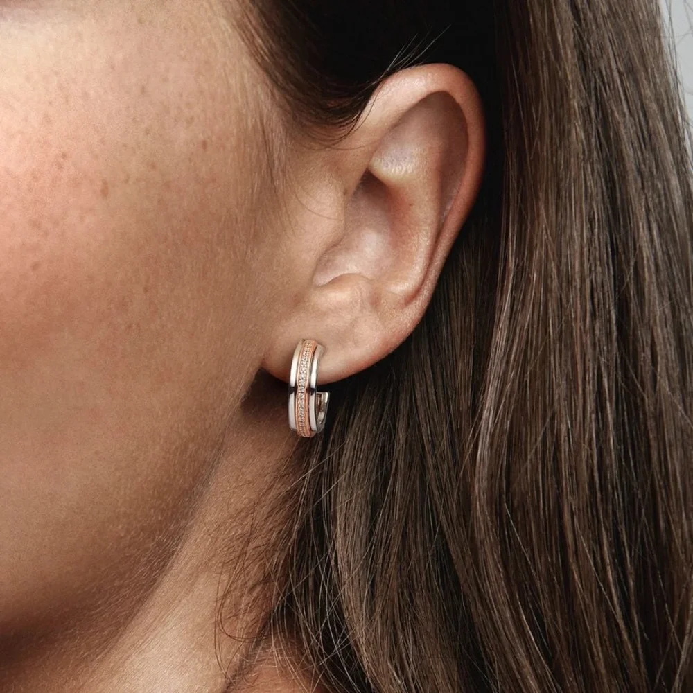 Pandora Logo Two tone & Pavé Hoop Earrings - Picture 3 of 10